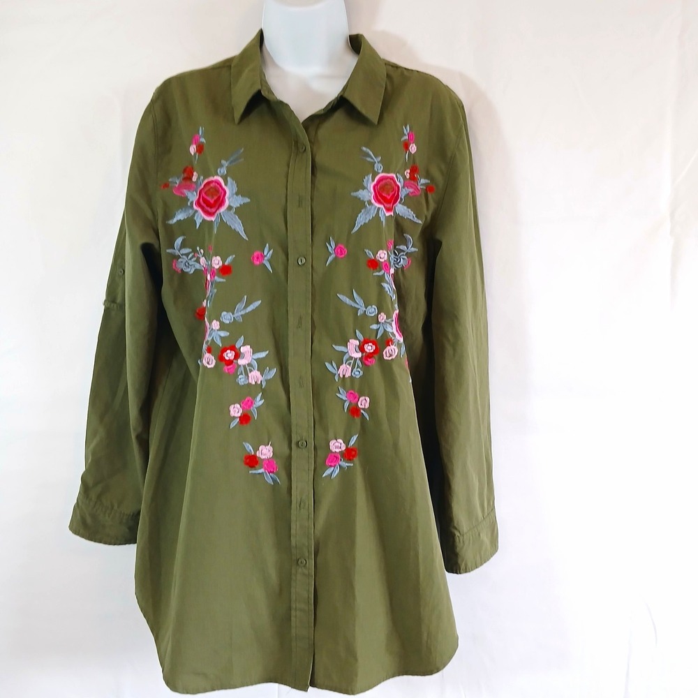 Essentials by ABS Tunic Top Green Floral Embroidered Button Front Sz XL